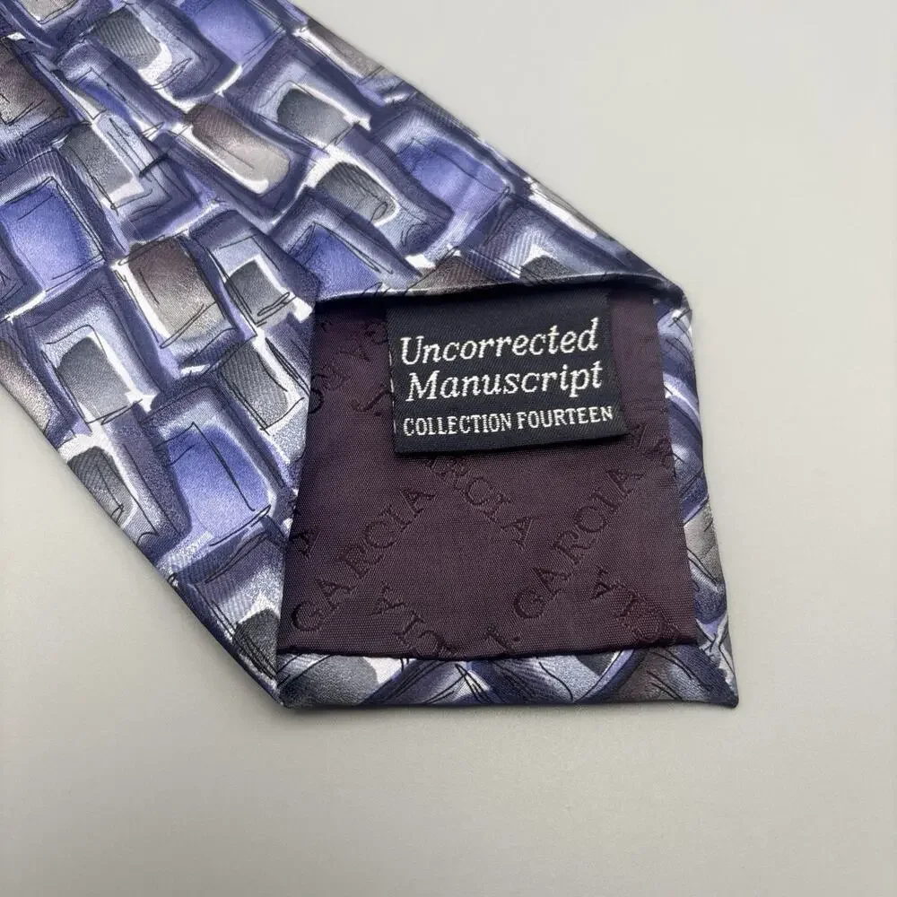 J. Garcia Uncorrected Manuscript Tie Silk Blue Geometric Collection Fourteen
